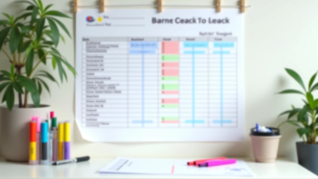 Graphique de budget affiché sur un mur, stylos colorés et marqueurs à proximité