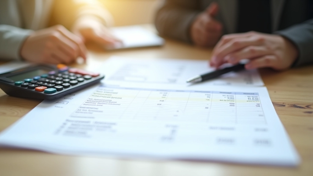 Tableau avec catégories de budget écrites, calculatrice et stylo sur un bureau blanc