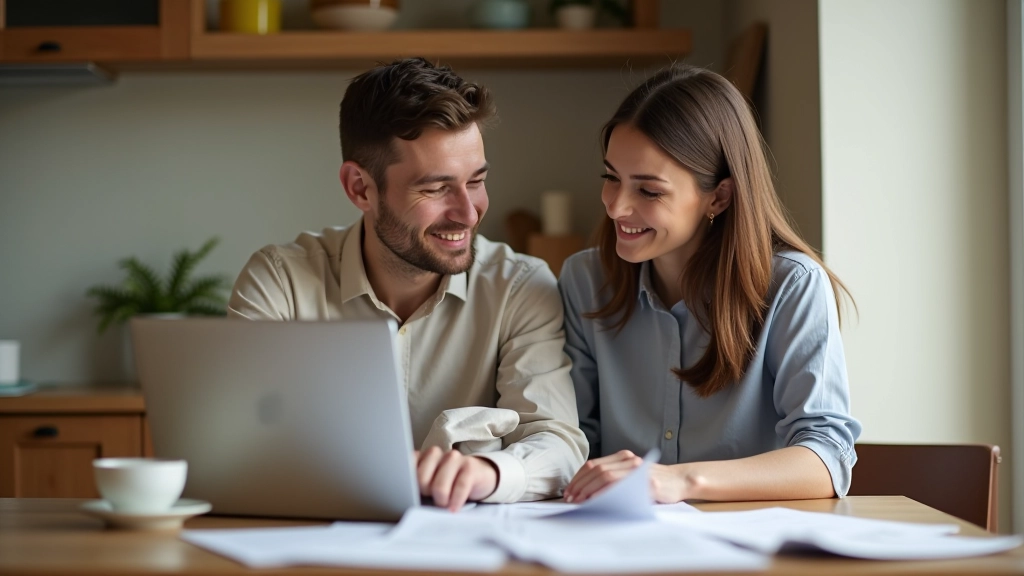 Couple examinant leur budget ensemble à leur table de cuisine avec documents et ordinateur