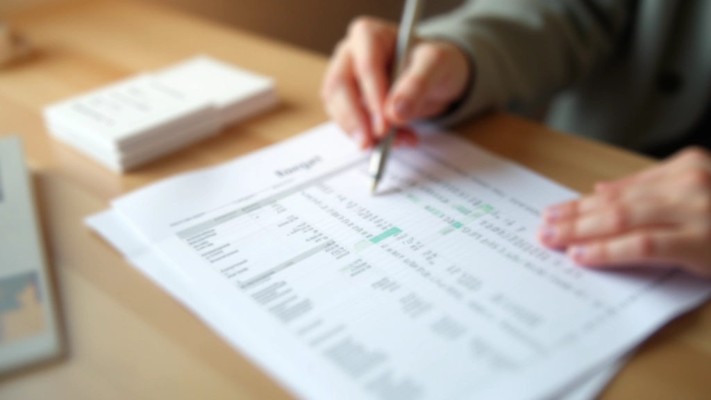 Mains tenant un stylo au-dessus d'une feuille de calcul imprimée avec des chiffres et des colonnes