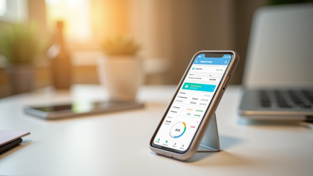 Smartphone avec application de suivi de dépenses ouverte sur écran, posé sur un bureau minimaliste