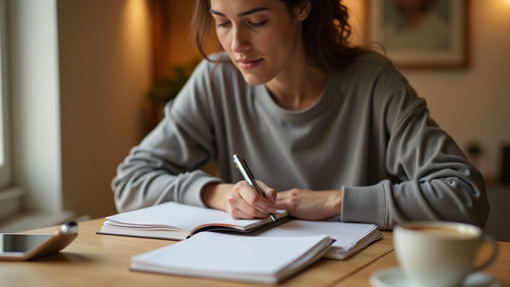 Personne notant ses dépenses quotidiennes dans un carnet à la main, café à proximité