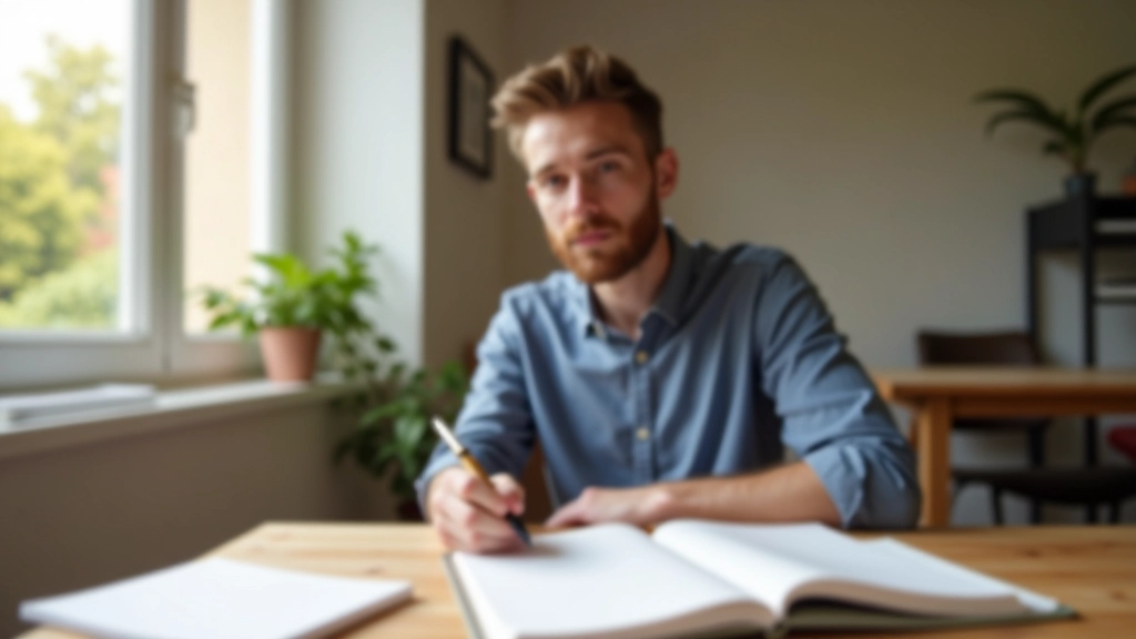 Personne réfléchissant sur son budget mensuel avec un cahier ouvert et une tasse de café sur un bureau ensoleillé