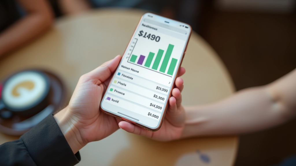 Main tenant un smartphone affichant une application budgétaire avec graphiques colorés de dépenses par catégories