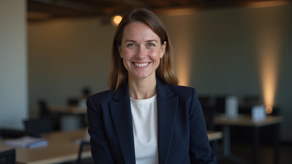 Femme souriante en blazer professionnel, portrait confiant dans un bureau moderne avec documents budgétaires
