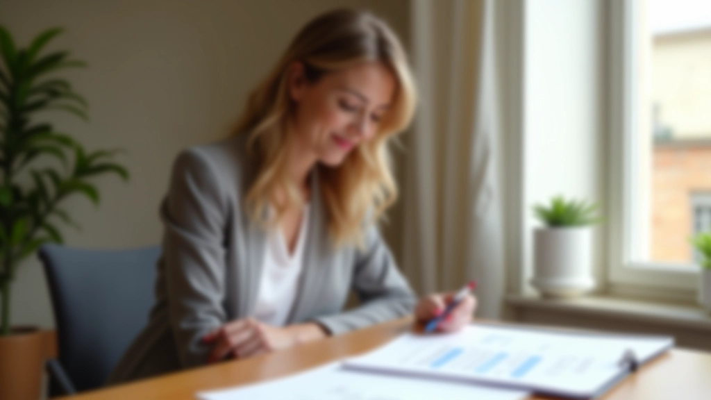 Femme organisant son budget mensuel avec cahier et documents à son bureau